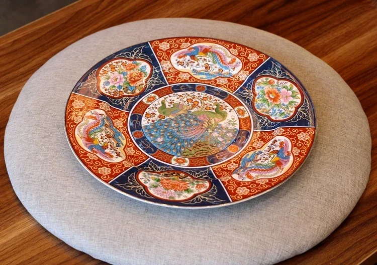 Assiette en céramique peinture or paon Ewan japonais, collection décorative, plateau d'escalier à thé de couloir, bibelot, 30cm