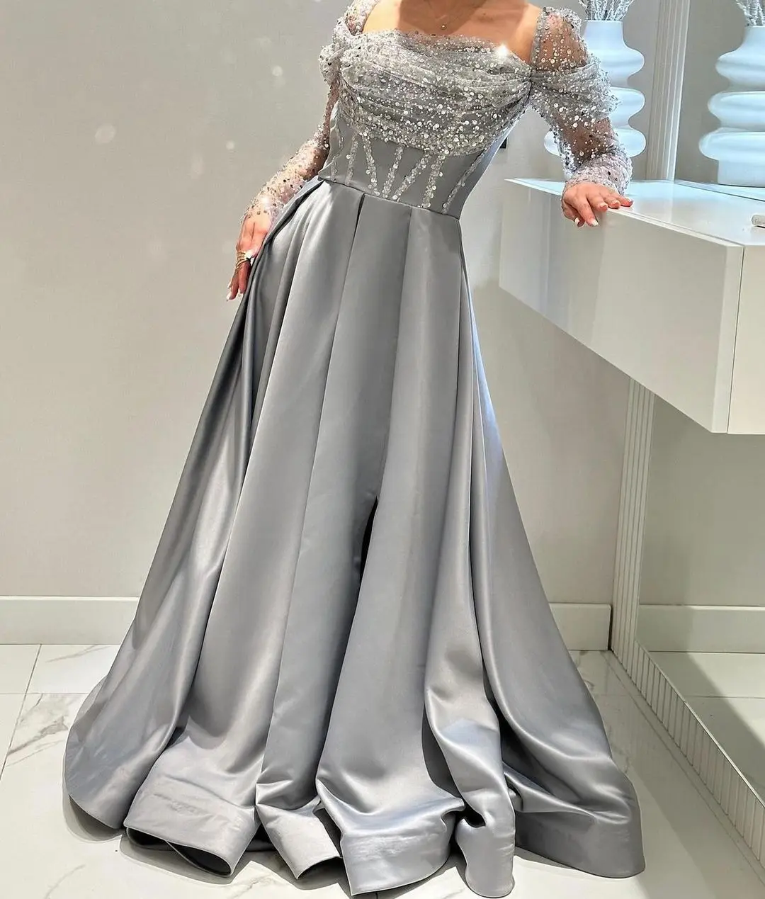 

Customized Long Sleeves Off The Shoulder Prom Dresses Pleated Sequins Floor Length Formal Occasion Dress Evening Dresses