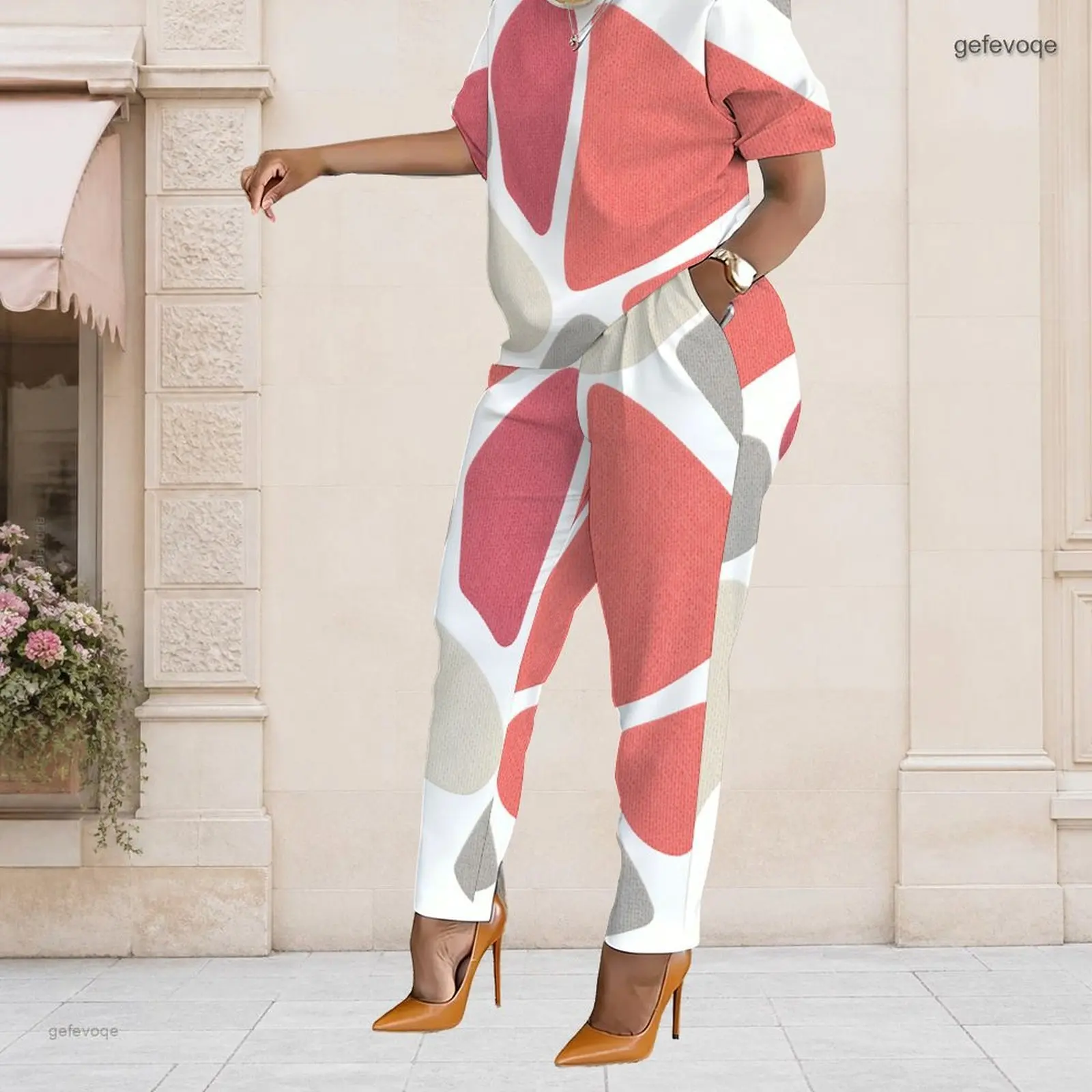 Summer Graphic Print Plus Size Sets Women O Neck Soft Curved Geometric Plus Size Clothes Womens Clothing Daily Leisure Wear