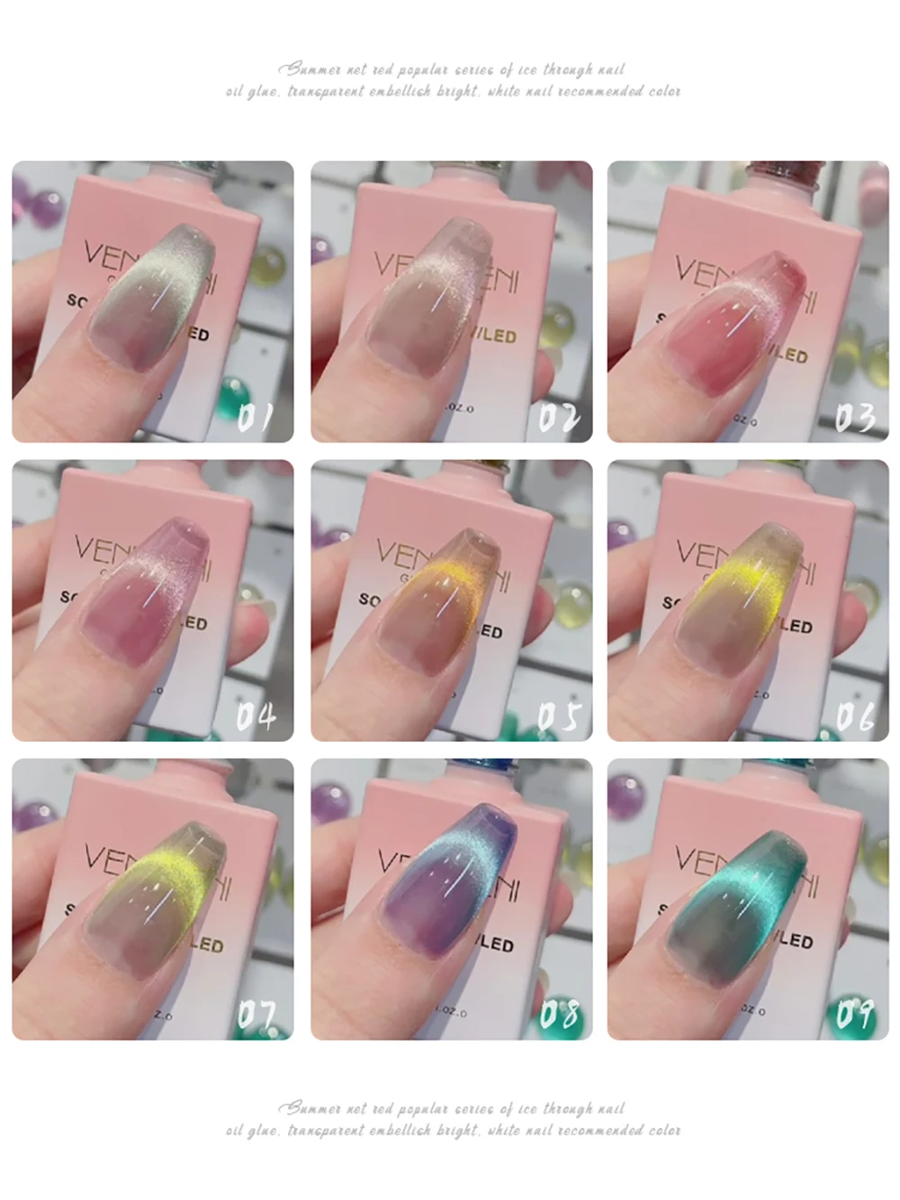 Vendeeni 9 Farben Sunglow Cat Eye Gel Nagellack Magnetischer UV Soak-Off Gel Lack Rosy Clouds Light Nail Art Gel Lack 15ml – Detail 5