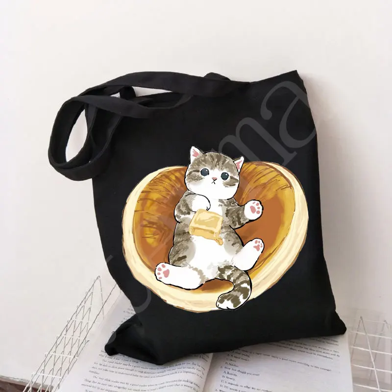 ผู้หญิง Logo กลับพิมพ์ผ้า Cat Shopper กระเป๋าถุงผ้าที่กำหนดเอง Designer กระเป๋าถือ Shoping กระเป๋ากระเป๋าสะพายผ้าใบสตรี