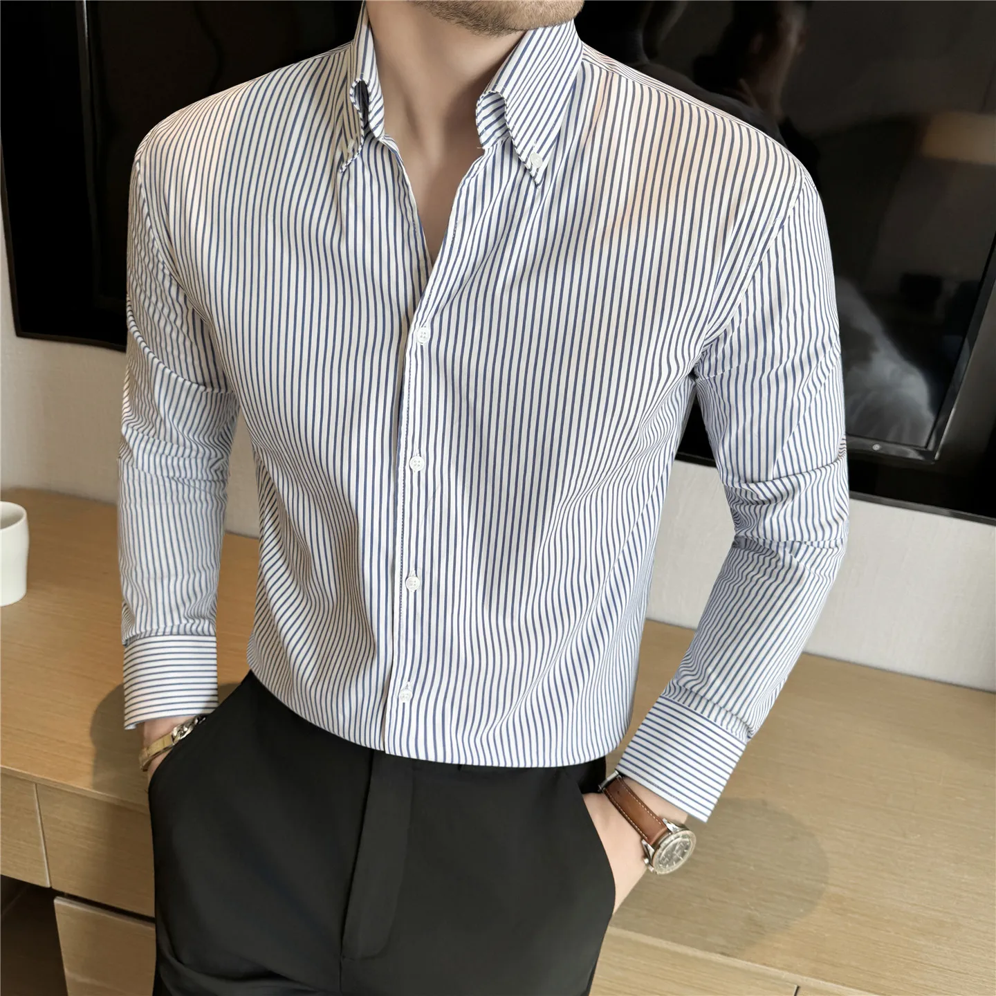 

Men Striped Shirts Autumn Winter New Long Sleeve Men's Social Shirt Dress Slim Fit Casual Business Formal Wear Blouse Homme 3XL