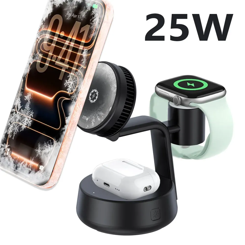 25W 3 IN 1 TEC Cooling Magnetic Wireless Charger Stand LED Light ON/OFF Fan for iPhone 18~12 Apple Watch 9 Airpods Fast Charging