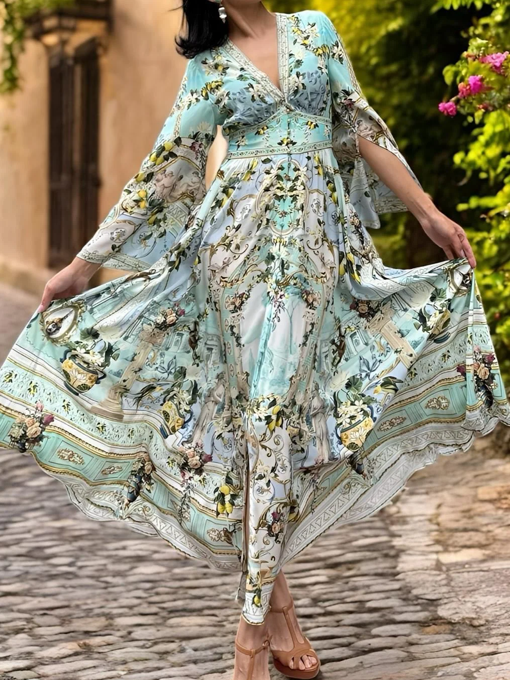 

Flower Print Women Maxi Dress 2025 New Heavy Beaded V-Neck Long Sleeve Holiday Female Silk Robe