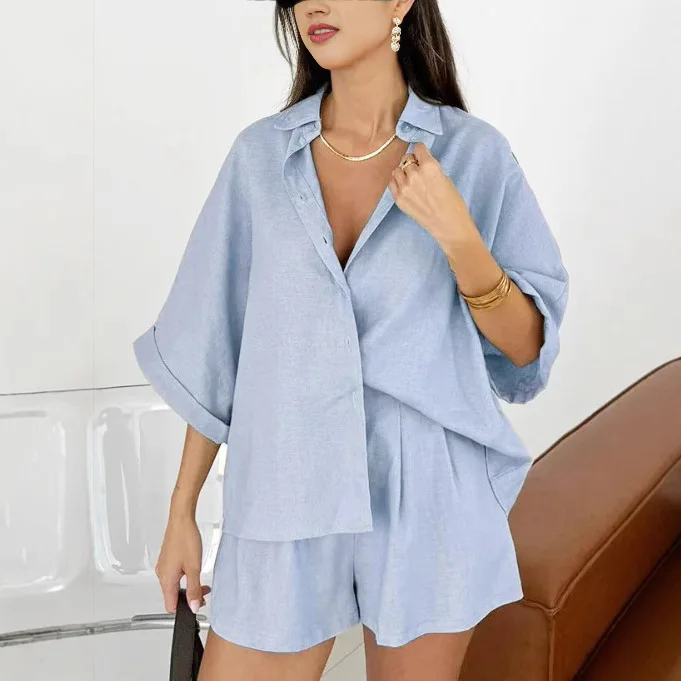 

Ladies Nightgown 2 Piece Suit Turn-Downs Collar Half Sleeve Nightwear Shorts Loose Home Clothes For Women New In Matching Sets