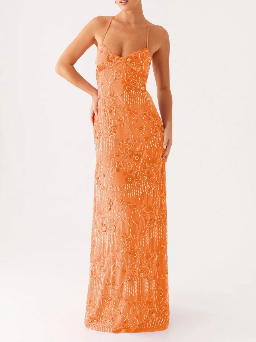 Damska cekinowa błyszcząca sukienka maxi na ramiączkach typu halter Y2k z kwadratowym dekoltem, kwiecista sukienka na ramiączkach spaghetti, długa sukienka z rozcięciem, brokatowa obcisła sukienka klubowa.