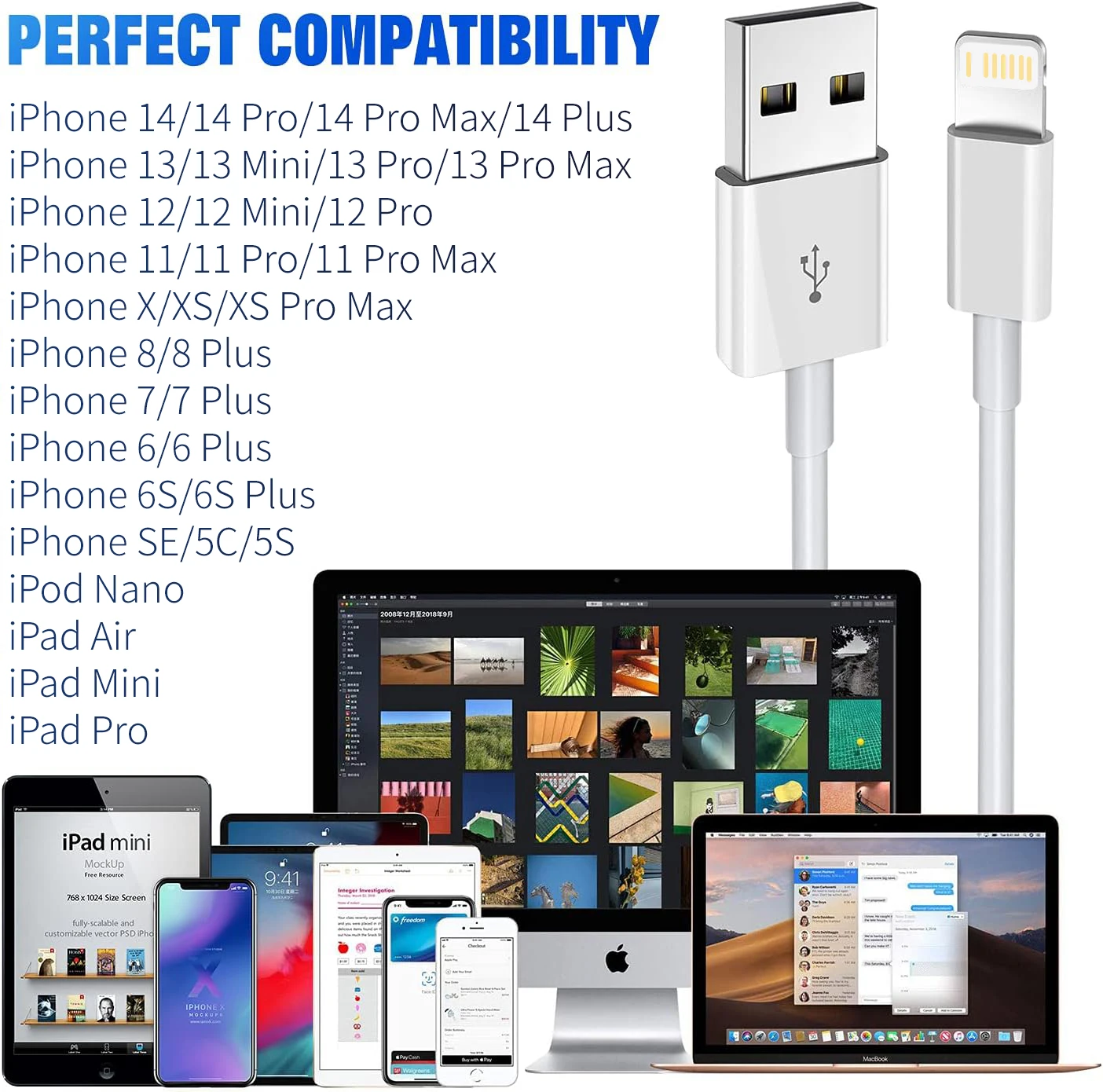 2 حزمة USB A إلى كابل البرق 2.4A سلك شحن سريع آيفون 14 13 12 11 برو ماكس XR XS X 8 7 6 لابل MFI معتمد