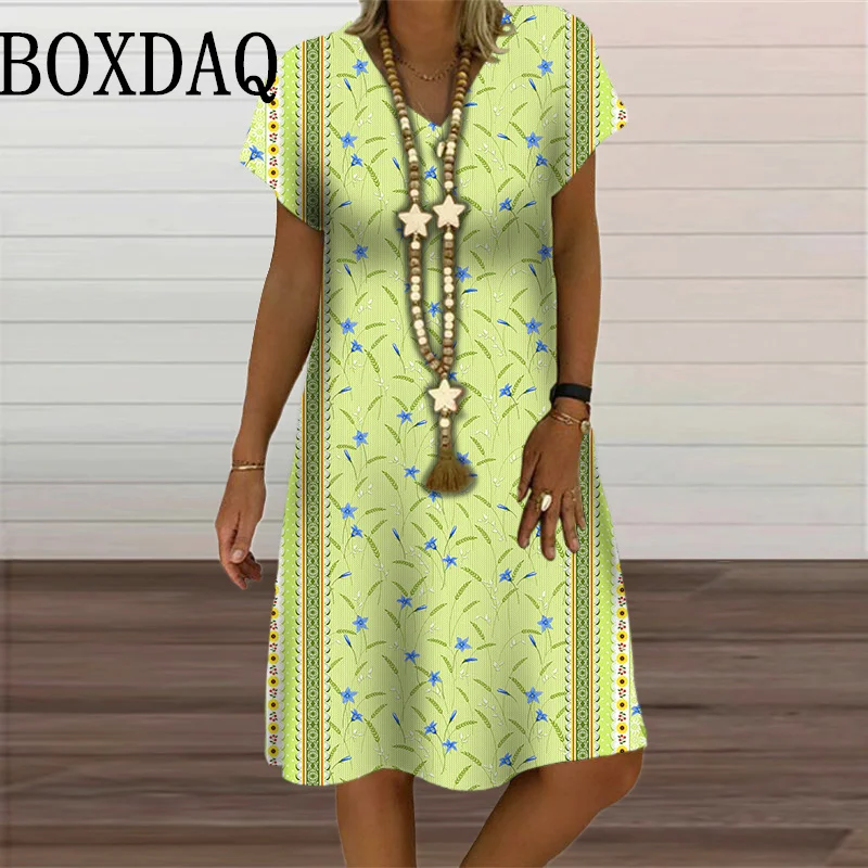 2024 Summer Vintage Dress Women Fashion Pullover Short Sleeve Print Loose Dress Plus Size Casual V-Neck Female Sundress Vestidos