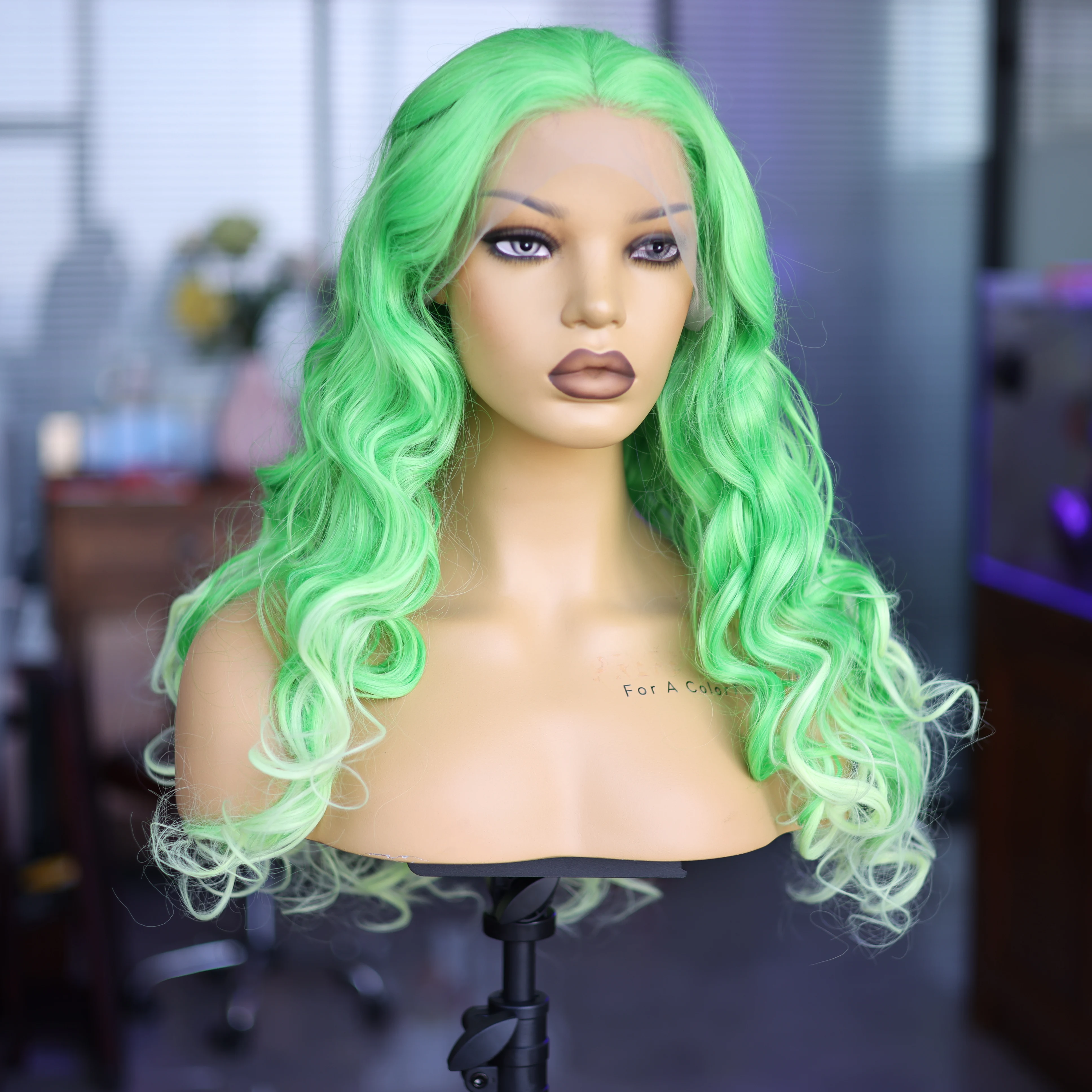 

Green Wave Synthetic 28 Inches Long Wig 13*4 Front Lace Mesh Cap Natural Hangline Fashion Goddess Wig Birthday Party Cosplay