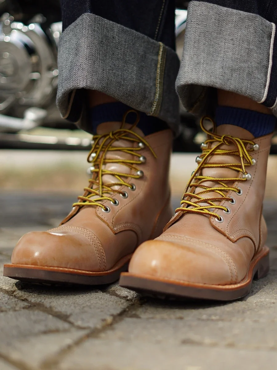 Plant Tanned Leather Primary Color Fog Wax Top Layer Cow-Goodyear Handmade Paratroop Boots for Men New Motorcycle