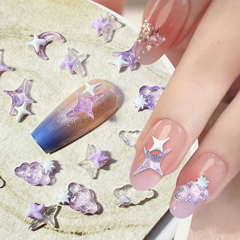 40/50Pcs Kawaii Purple Ice Translucent 3D Nail Decoration Moon Stars Clouds Love Shaped Cute Charm Manicure Nail Art Accessories