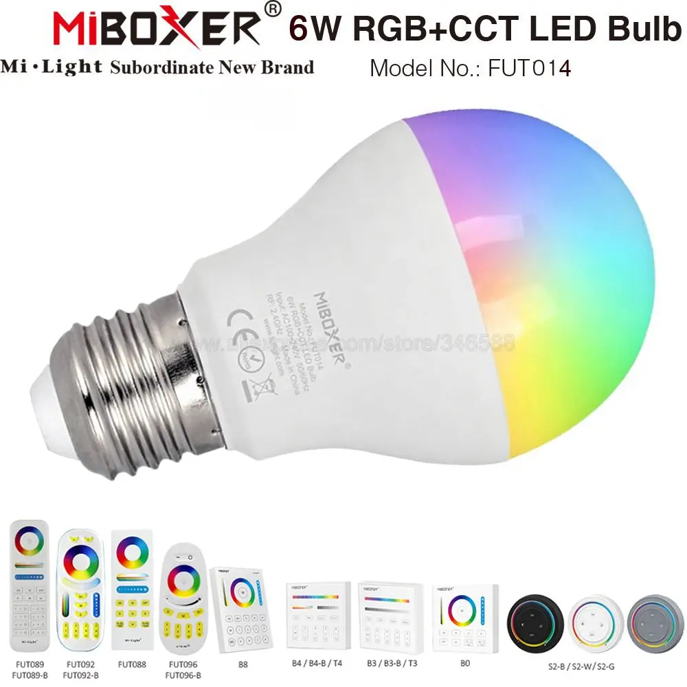 MiBoxer 6W RGB+CCT LED Light Bulb E27 AC 110V 220V WiFi Lamp FUT014 2.4G 4-Zone Remote Smartphone APP Alexa Google Voice Control