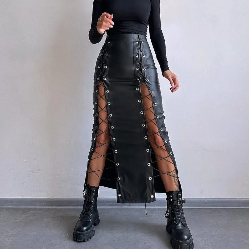 

2025 Spring Leather Sexy Split Lace Hip Skirt