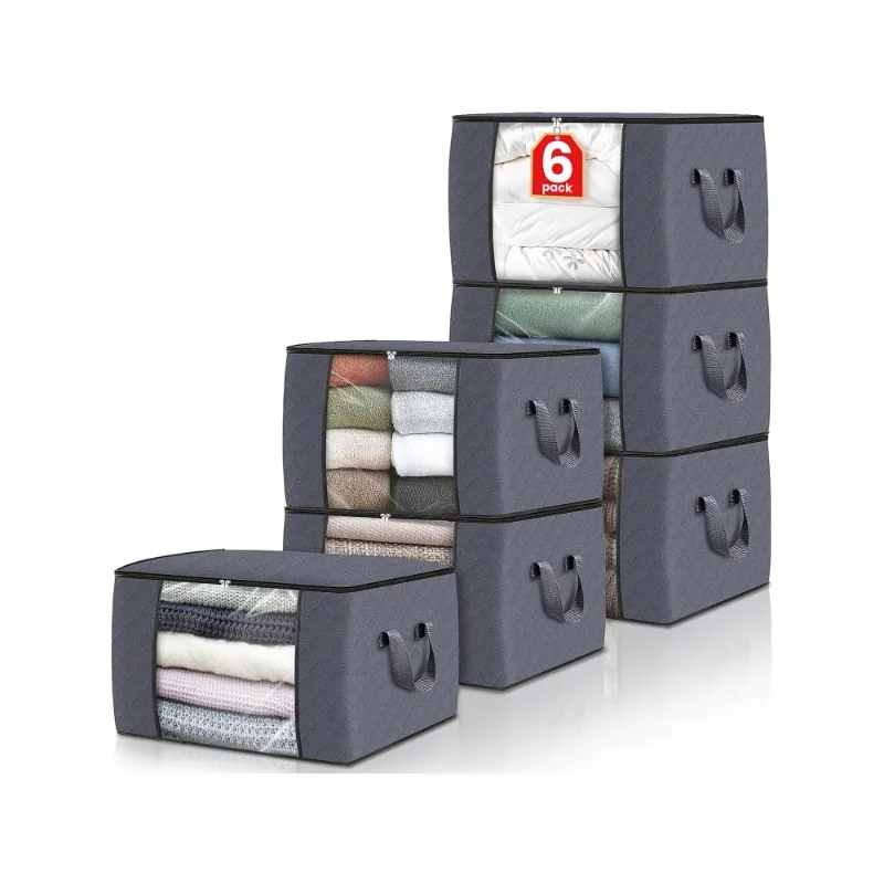 6 Pack Clothes Storage  Clothing, Comforter, Organization and Storage with Handle,Grey