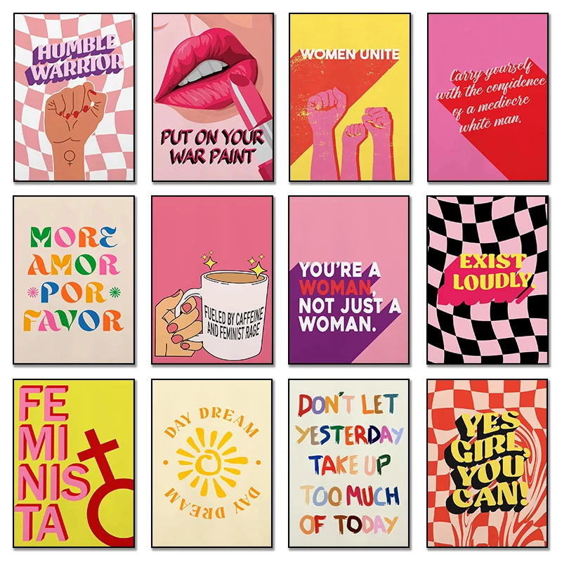 Nordic Fashion Women Pink Minimalism Colorful Text Feminist Retro Poster Canvas Paintings Wall Art Pictures Dormitory Home Decor