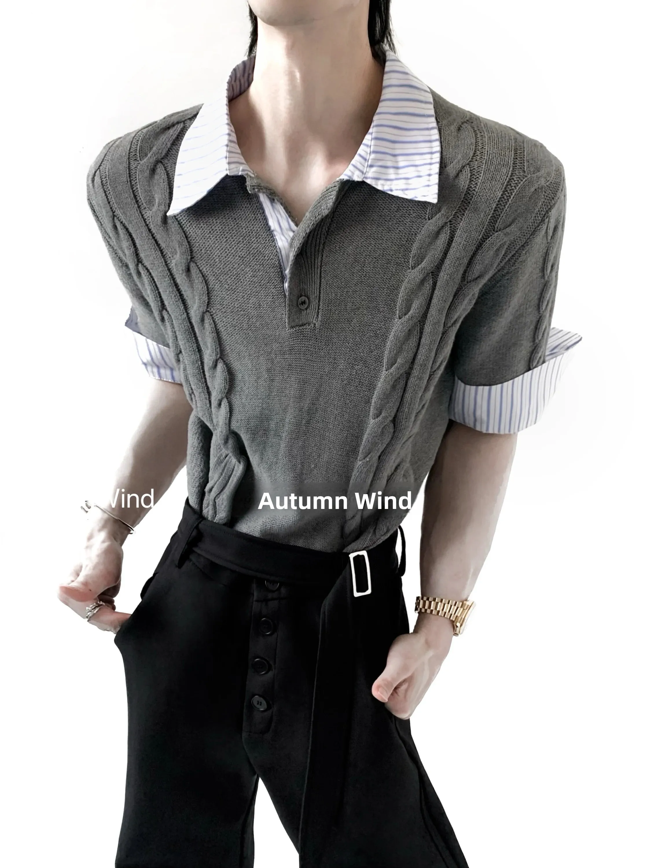 Autumn Mountain Wind Miu Style Knitted  Shirt Short Sleeve Patchwork Breathable Cotton Men's Fashion Single Button Closure