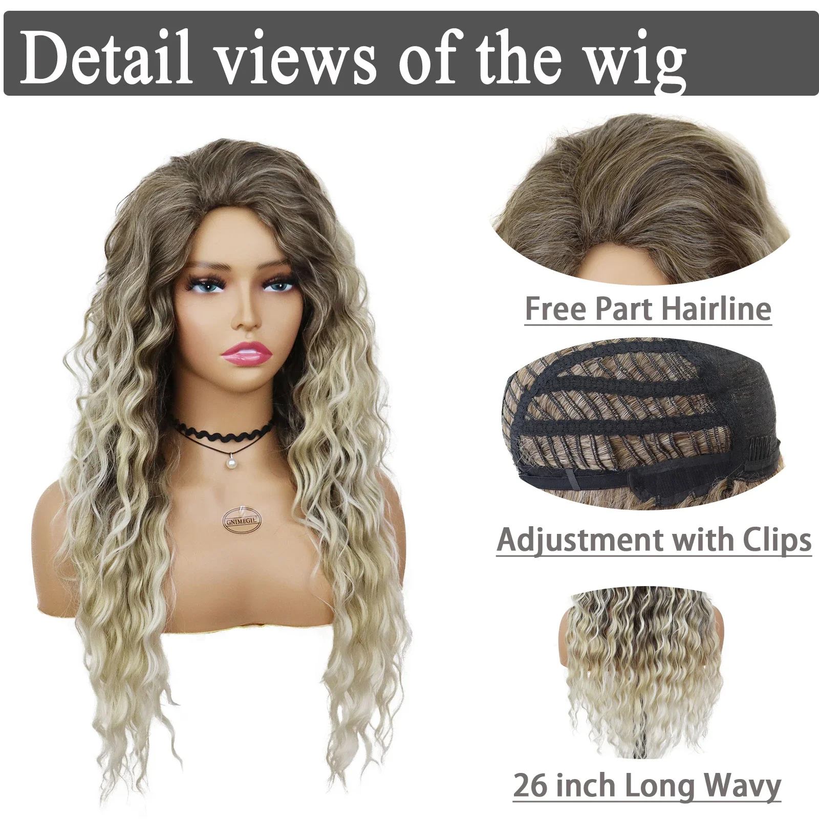 GNIMEGIL Synthetic Ash Blonde Long Wig Curly Hair 80s Wig for Woman Natural Fluffy Hair for Women Regular Big Wave Volume Wigs