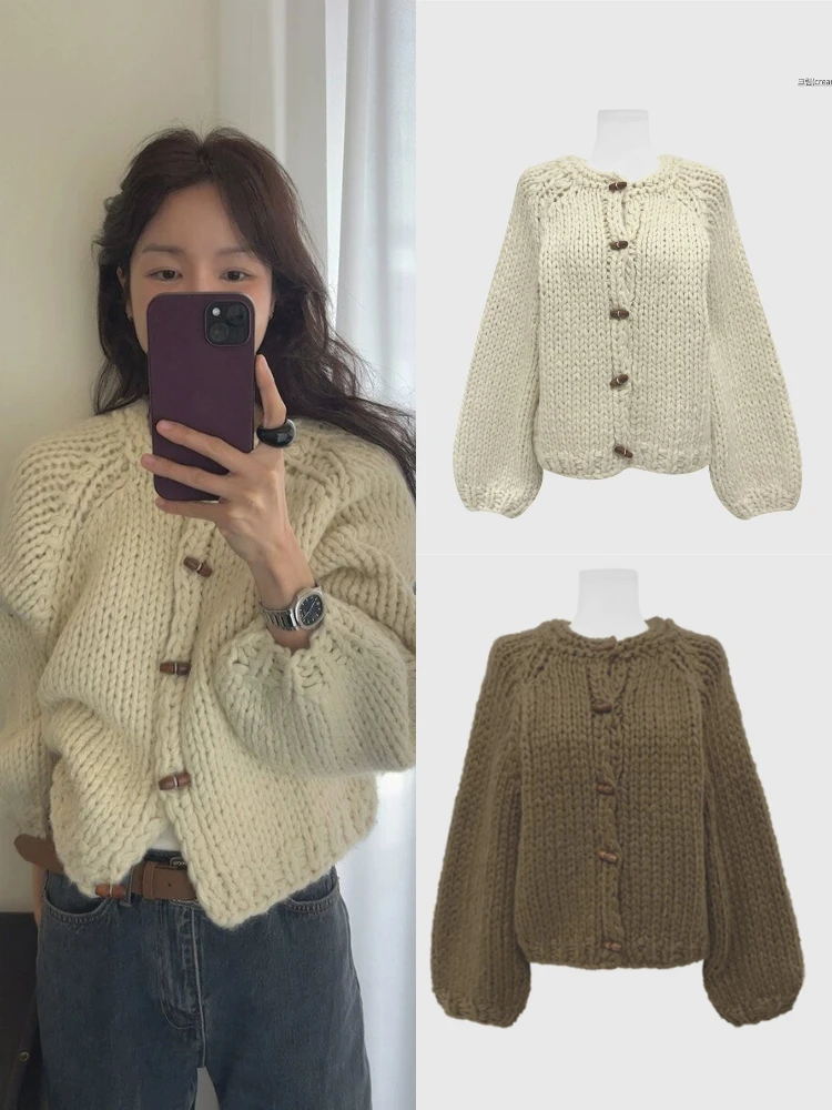 

Retro Sle Thi Yarn Knitted Hat Cardigan Women's Lazy Sle Sweater round Ne Button up Sve Long Regular Length