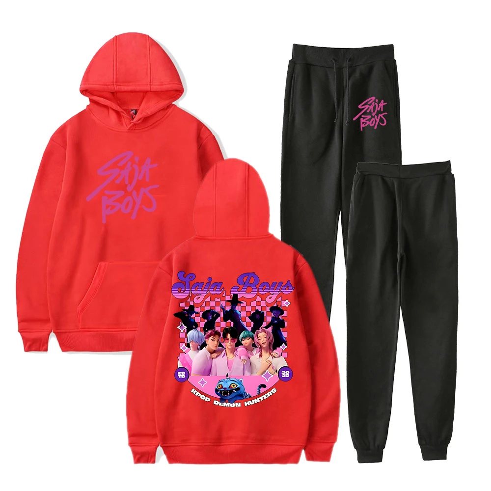 Dibujos animados KPop Demon Hunters Saja Boys Merch sudaderas con capucha Jogger pantalones conjunto de dos piezas sudaderas + pantalones de chándal hombres mujeres conjuntos de trajes