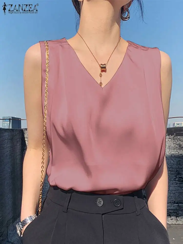 ZANZEA Women Sleeveless OL Elegant Blouse Party Satin Vest Tops Cami Summer Solid V Neck Work Shirt Female Pleated Tanks Top