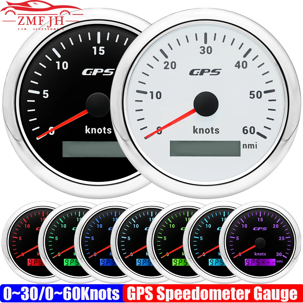 7 Color Backlight 0~30 Knots 85MM GPS Speedometer Gauge with GPS Antenna 0~60 Knots Odometer for Marine Car Boat Yacht 12V24V