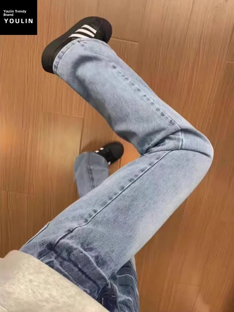 

Light Blue Waed Knife Straight Leg Jeans Men's Thiened American Vibe Slimming Pants Micro Flared Straight Cut Jeans