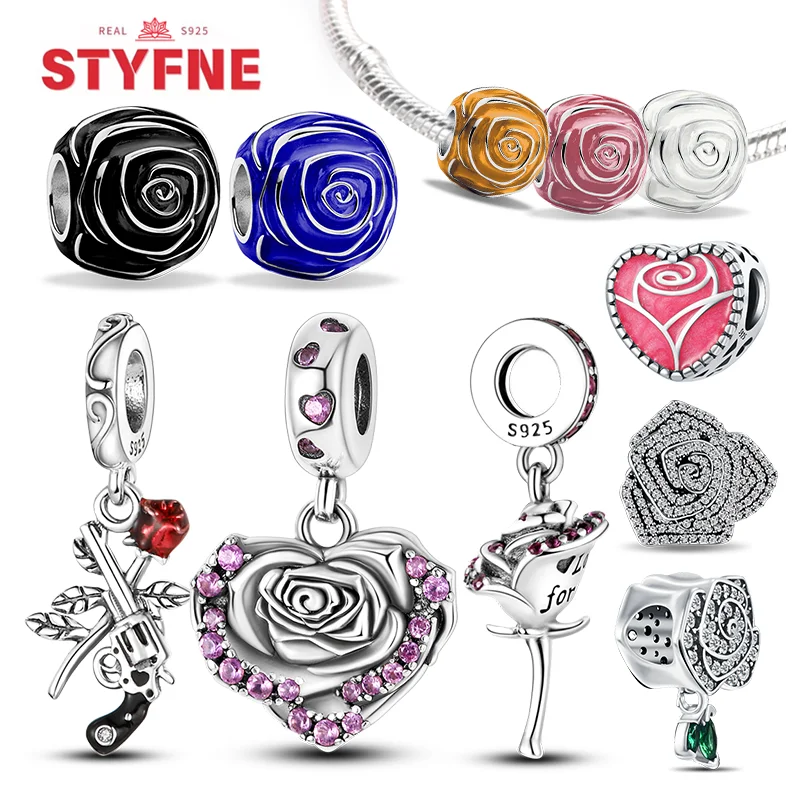 New S925 Sterling Silver Elegant Rose Angel Pearl Sparkle Charm Pendant Is Suitable for Lady DIY Exquisite fine Jewelry Gifts