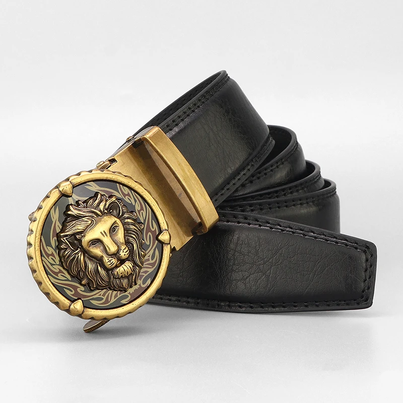 High quality Lion men betls Automatic Buckle luxury famous brand retro designers genuine leather gray younth jeans ceinture homm