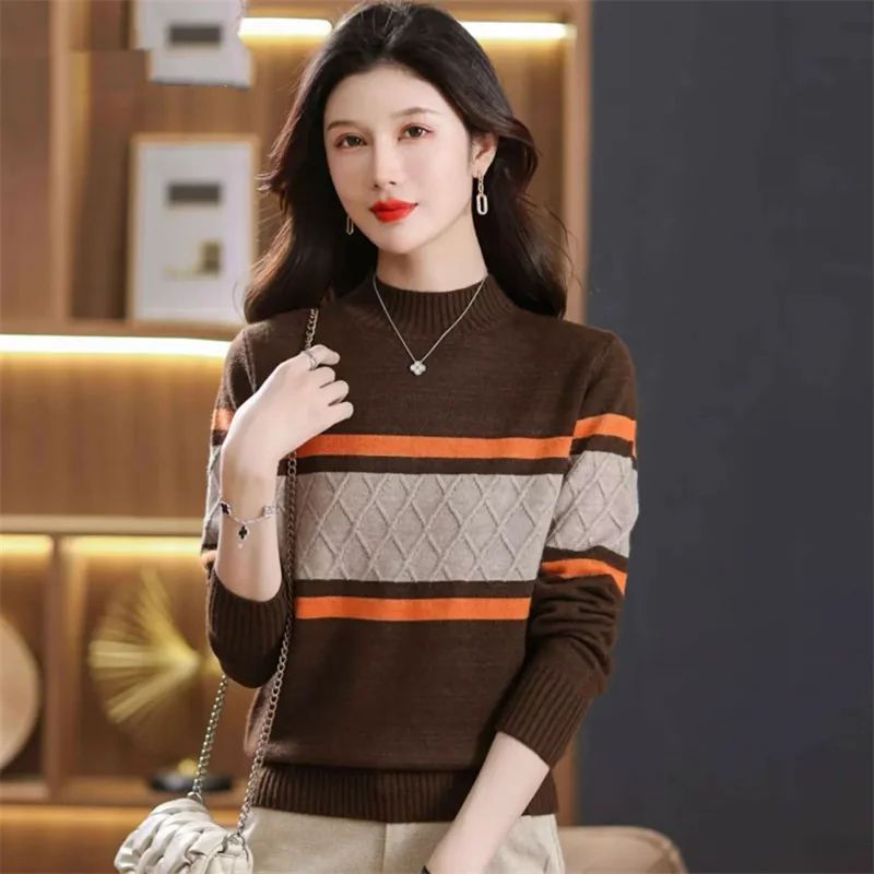 

Women Sweater 2025New Autumn Winter Color Blocking Knitted Sweaters Long Sleeve Half Turtleneck Jumper Soft Warm Pull Femme Tops