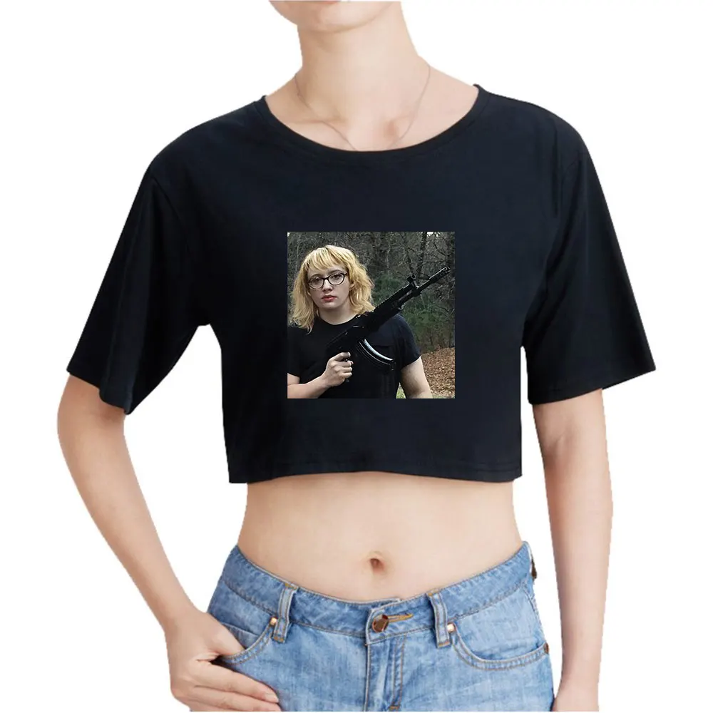 Sam Hyde Shooter Black Vintage 90s Crop Top Exposed Navel T-Shirt Oversize O-Neck Tops Fashion Funny Tshirt Women