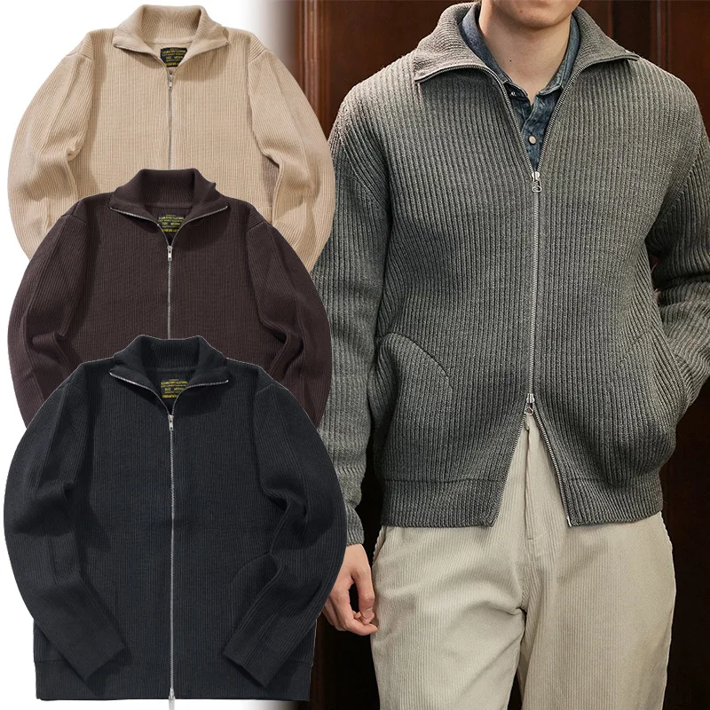 

Мужской плетеный узор, шерстяной свитер с двойной молнией, толстая куртка с лацканами, кардиган, мужской вязаный свитер, воротник-стойка, свитер, пальто, ткань