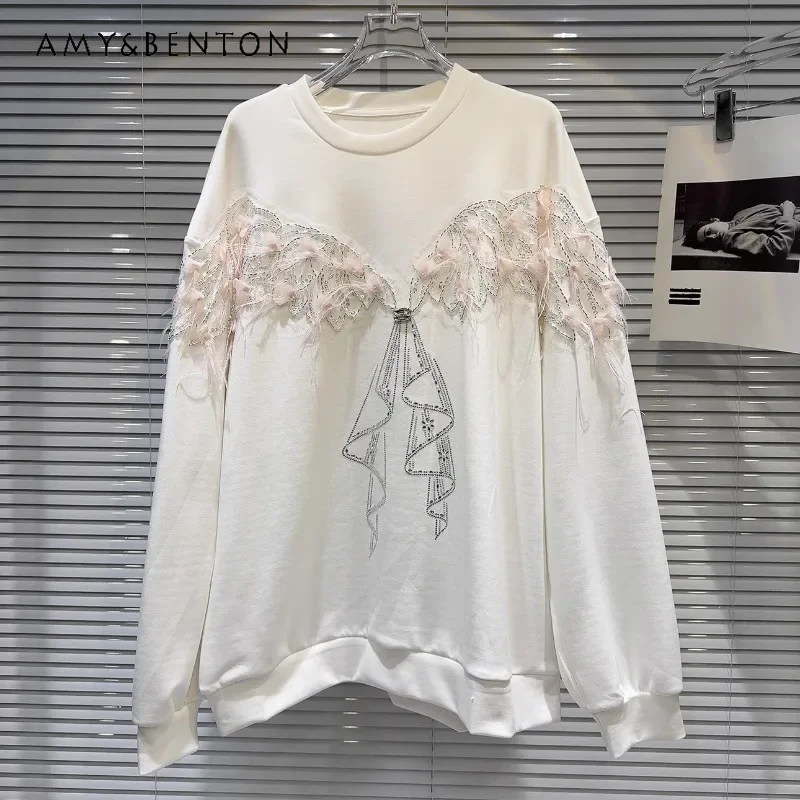 

2024 Autumn New Popular Design O-neck Sudaderas Beaded Feather Wings Design Heavy Industry Long Sleeves Sweatshirts Top Female