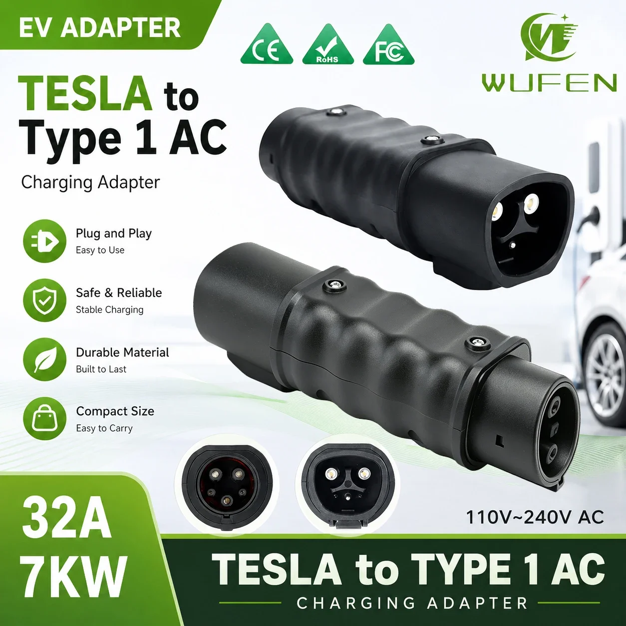 WUFEN NACS to J1772 Adapter 7KW 32A AC 110V~250V Electric Vehicle Charger Converter Tesla to Type 1 for J1772 Electric Vehicles