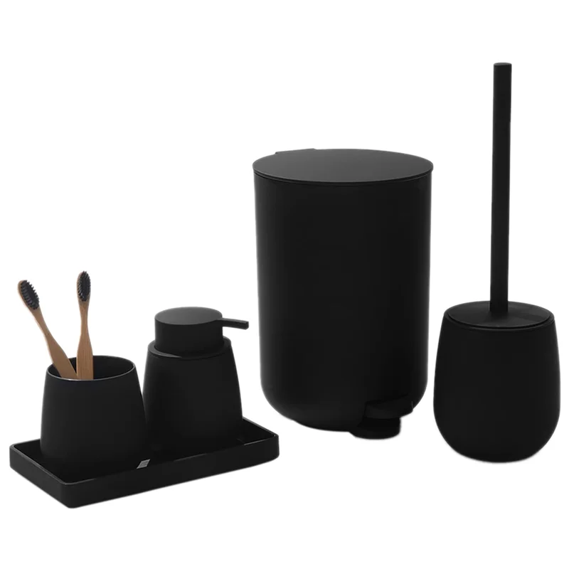 

Bathroom Set Small Trash Can, Toothbrush Holder, Soap Dispenser, Dressing Table, Toilet Brush and Holder (Black)