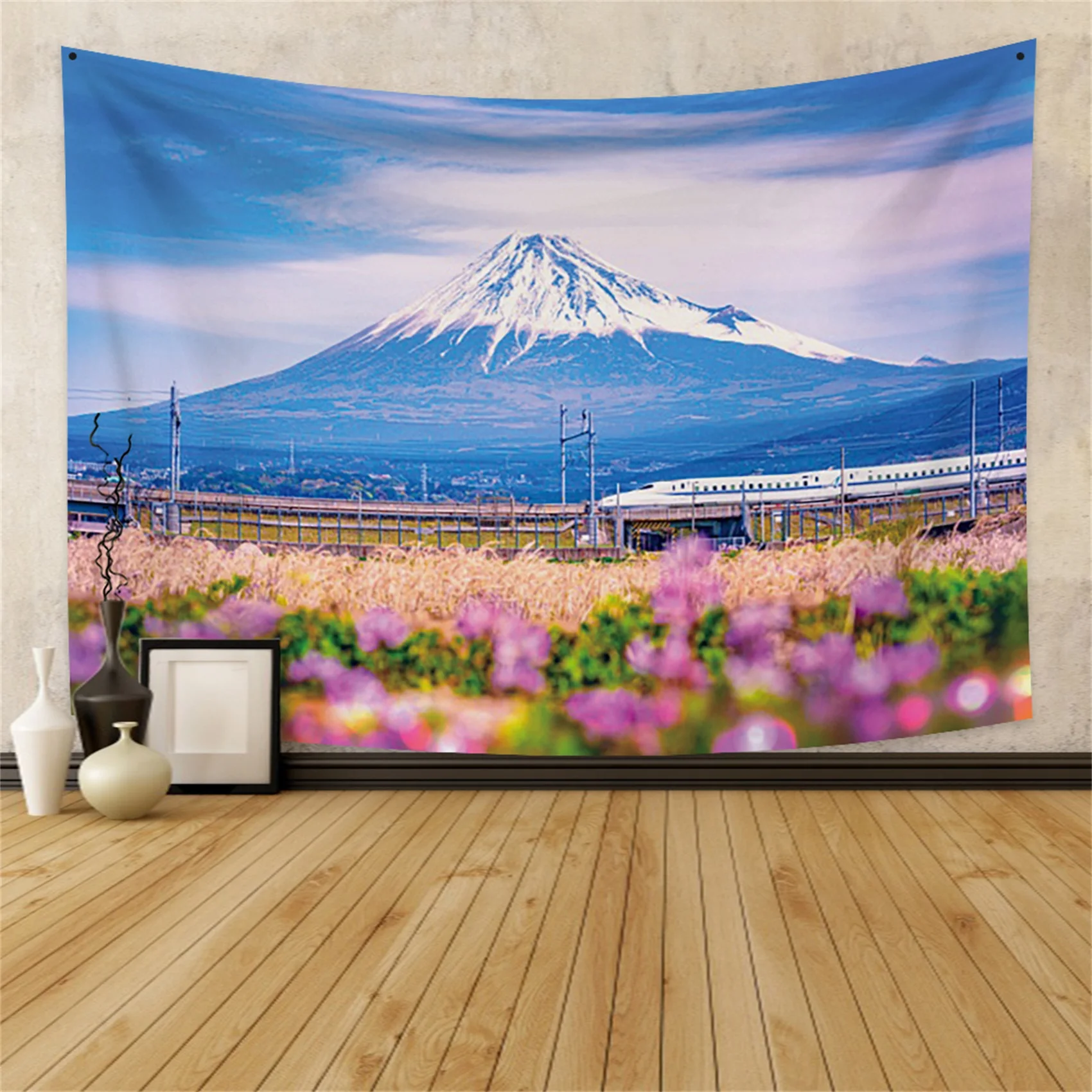 Mount Fuji tapestry ancient temple printing Japanese cherry blossom pink wall hanging home and living room decoration 