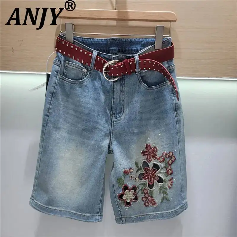 

ANJY Spring Summer New Women Vintage Embroidered Diamonds Design Washed Denim Shorts Distressed Hollow Out Stylish Jeans A24676