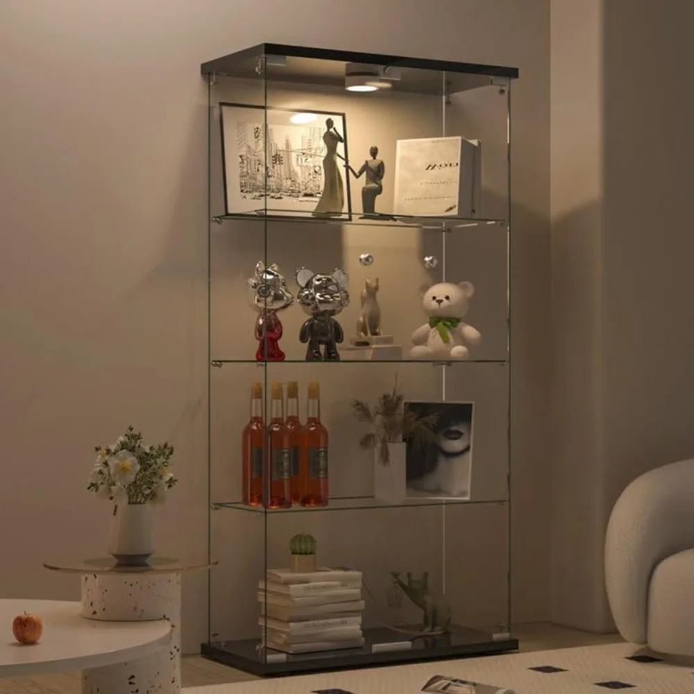 Vitrine en verre 4 étagères 2 portes avec lumière poussoir LED, boîtier d'affichage en verre verrouillable avec plancher en verre du Guatemala de 4mm, armoire en verre