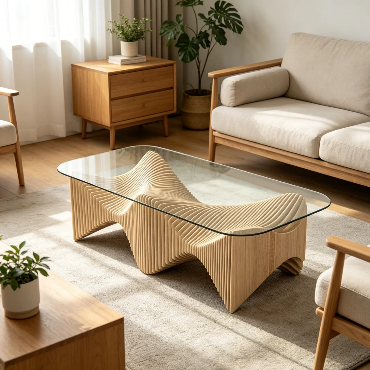 

！@Wavy Geometric Wood and Glass Coffee Table Artistic Centerpiece for Hotel Home Shopping Mall