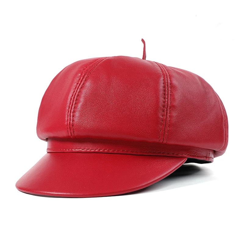 

Women's Genuine Leather Beret Duckbill Hat Men's Goatskin Single Cap Painter Hat Thin MiddleAged Elderly Octagonal Cap