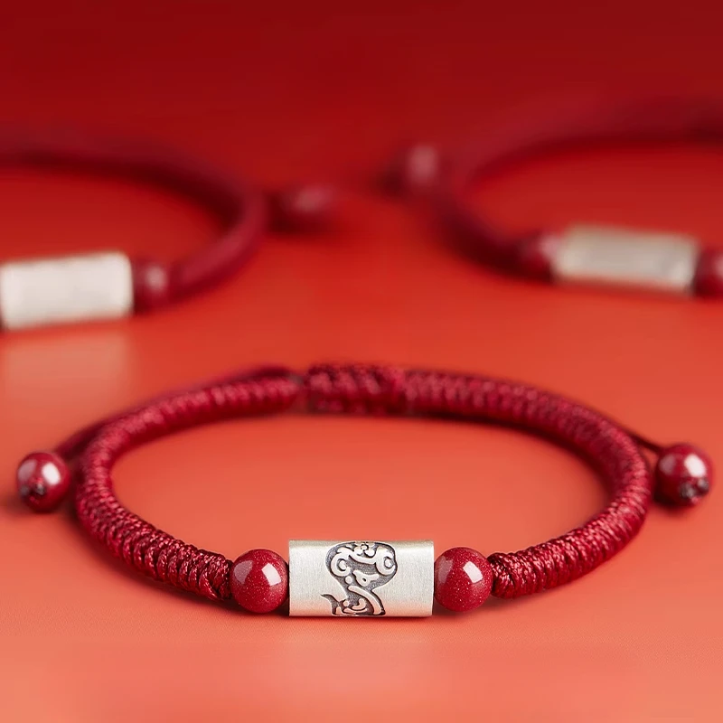 925foot Silver Snake Year Natal Year Red Rope Bracelet Cinnabar Zodiac Hand Rope Amulet Hand Woven Rope Men's and Women's Models