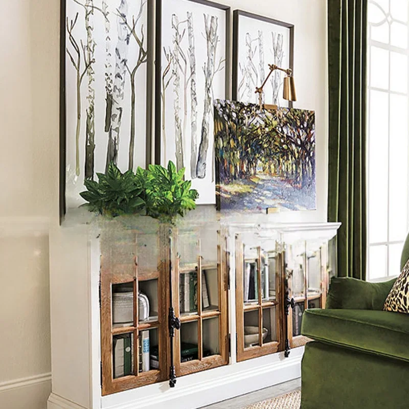 Retro solid wood floor-to-ceiling bookcase Household glass door Dust-proof locker Contrasting color design Integrated