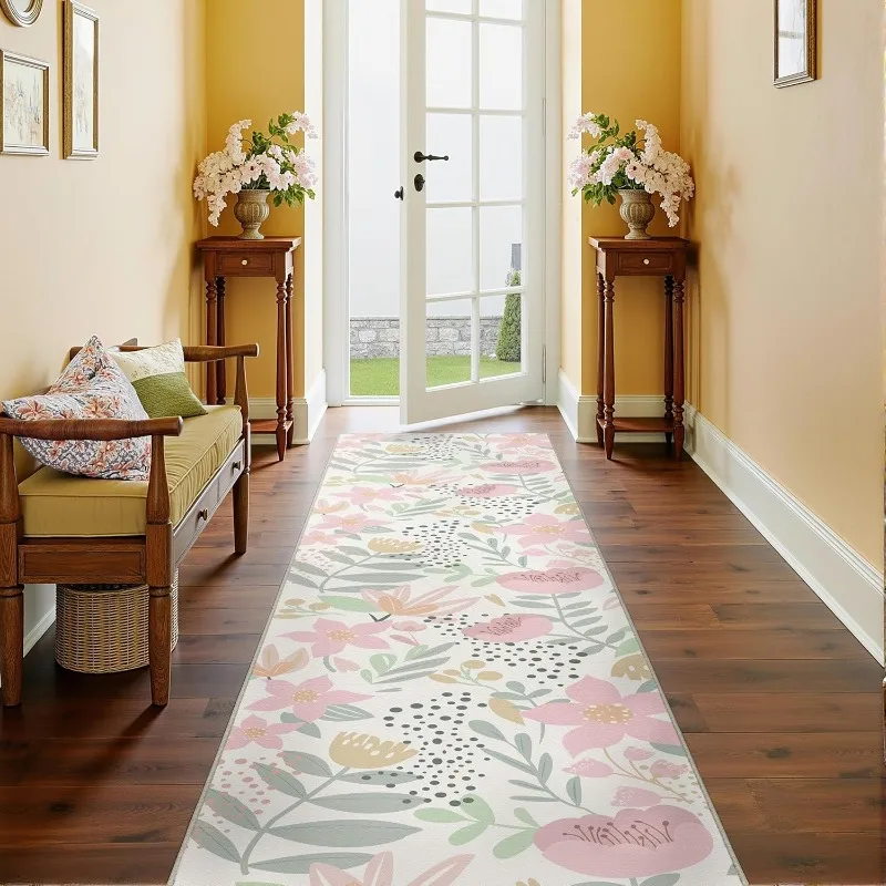 

Retro Runner Rug Stylish Small Fresh Floral Print Bedroom Bedside Carpet Foldable Machine Washable Non-slip Corridor Mats Tapis