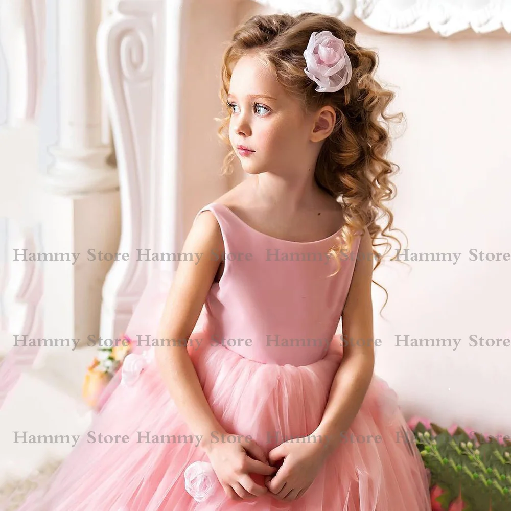 Lovely Pink Flower Girl Dress Sleeveless Scoop 3D Flowers Ball Gown Christmas Party  for Birthday First Communion 