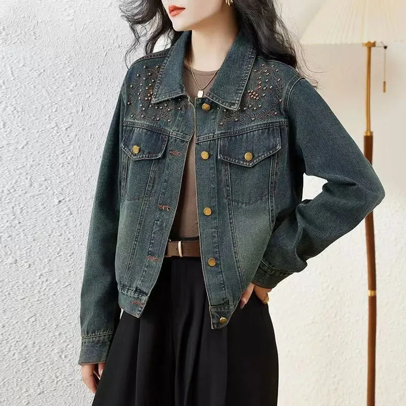 

Denim Coat Women Spring Autumn 2025 New Retro Cowboy Ladies Short Embroidery Casual Jeans Overwear Advanced Sense Overcoa