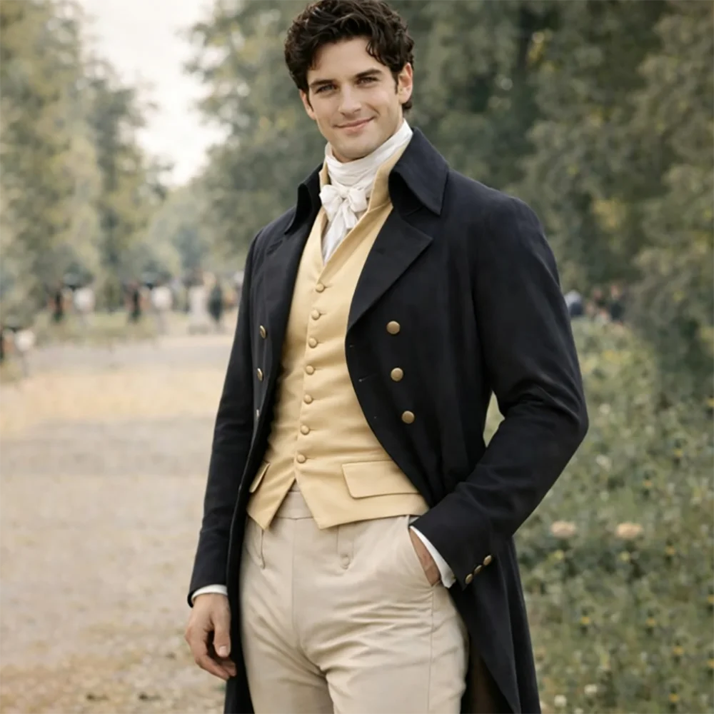 Men Regency Vintage 3 Pieces Suit Romantic Black Long Jacket Waistcoat Pants 18th-century Classic Gentleman's Attire Costume