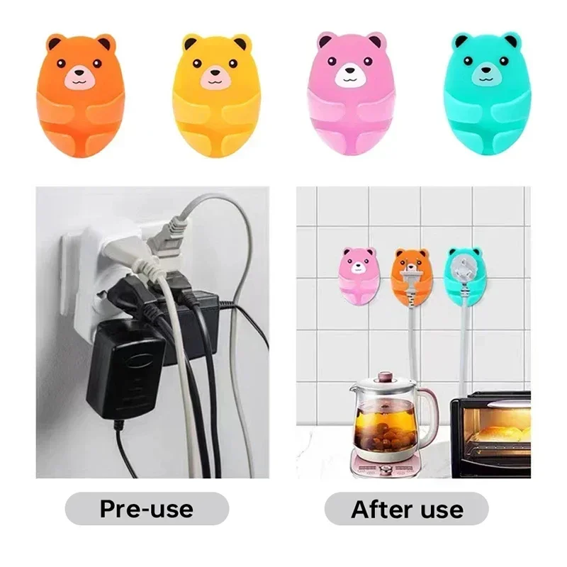 Wall-mounted Storage Hook Bear Plug Holder No-punch Power Plug Socket Holder Kitchen Cable Hook Wire Adhesive Hanger Bathroom