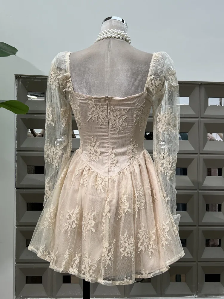 DFDG 2025 SS المرأة أنيقة الدانتيل قبالة فستان باف كم طويل سليم صالح الربيع الصيف حفل زفاف كوكتيل فستان أنيق #3