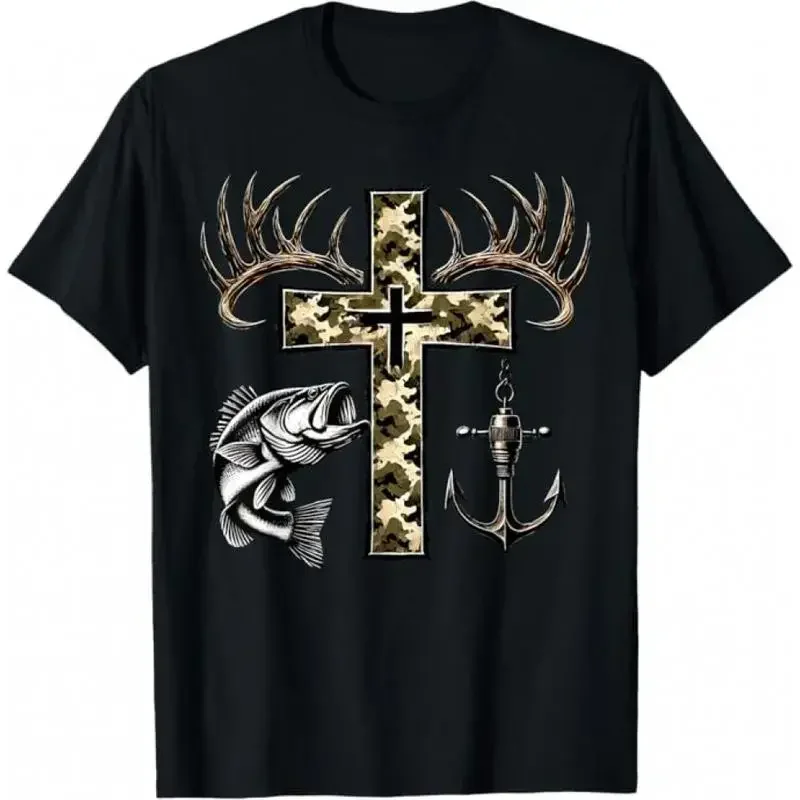 Men's Classic  Crew Neck T-Shirt - Hunting Fishing Cross Camo Faith Christian Apparel, Southern Charm Tops with Camo Cross Antlers Bass, Unisex Premium Comfort Personalized Graphic Tee for Christmas