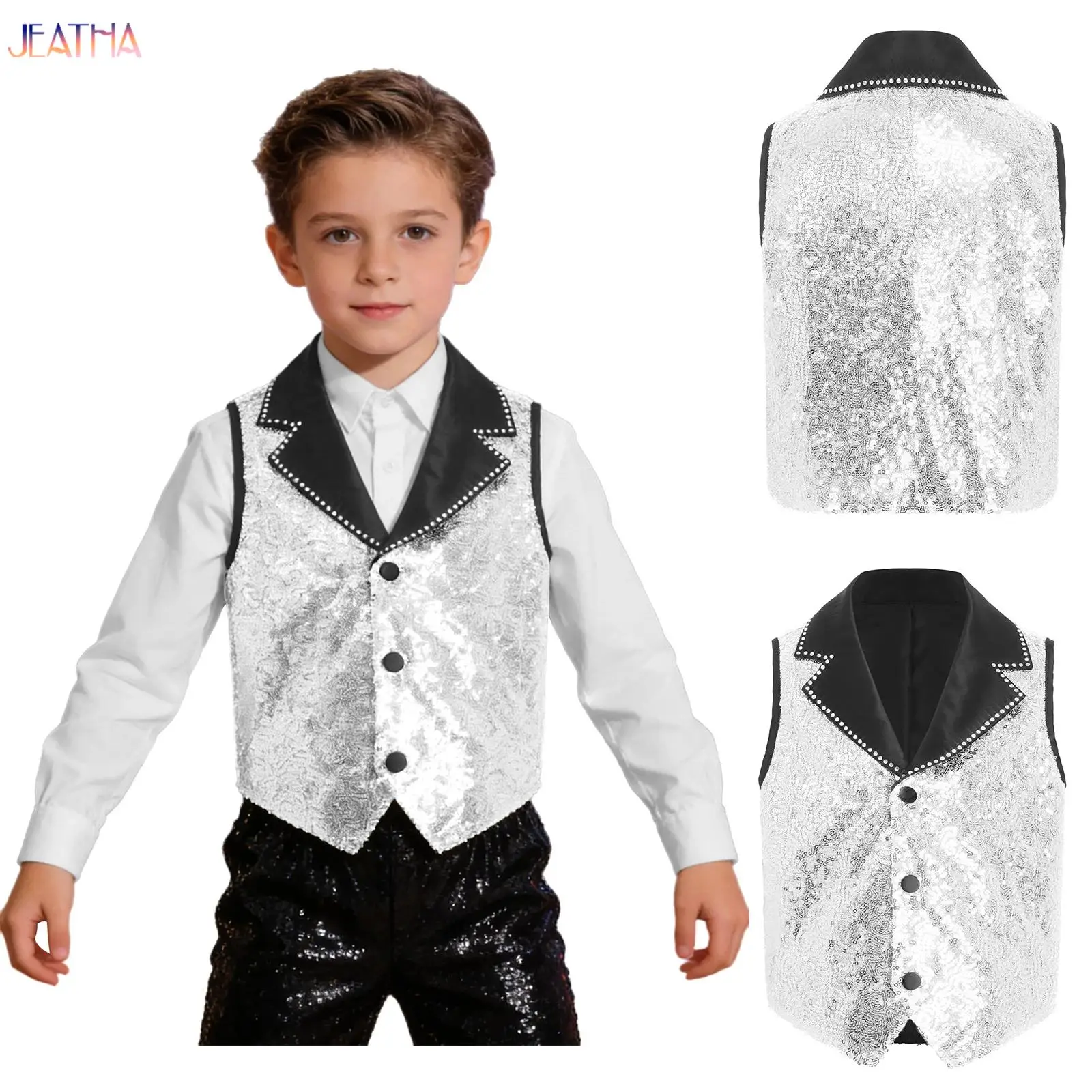 

Boys Shiny Sequin Latin Jazz Disco Dance Vest School Choir Performance Costume Metallic Lapel Waistcoat Tops for Carnival Party