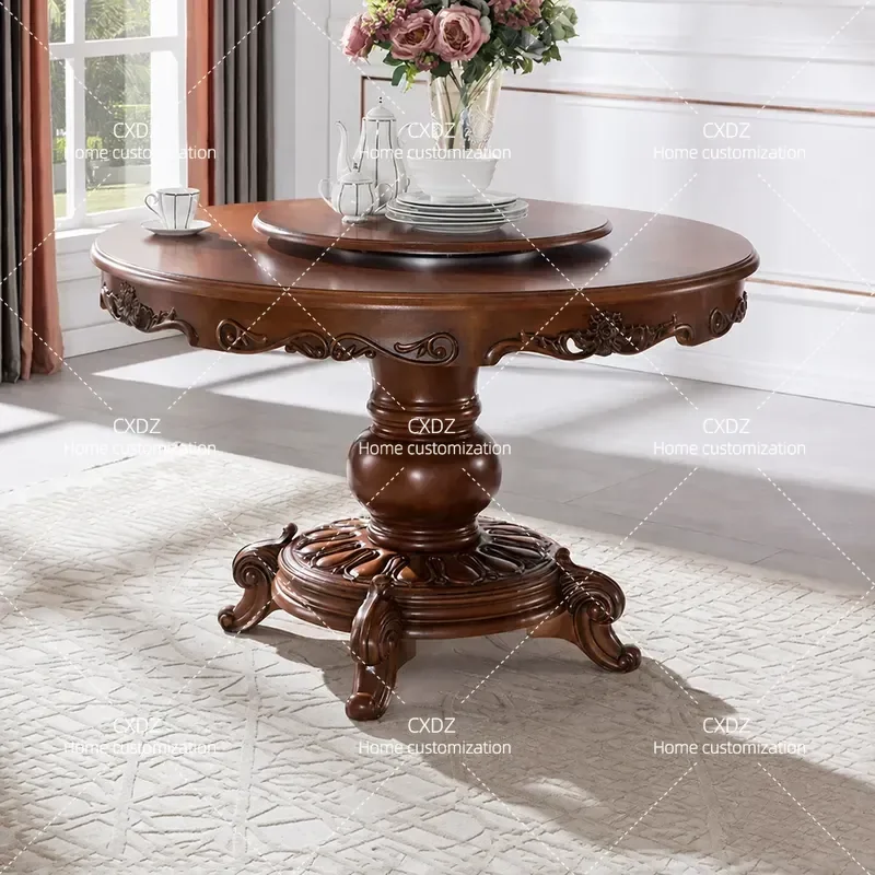 All Solid Wood Dining Table Set with Leather Chairs Rotating Top for Small Apartment Villa High End Restaurant Space Saving